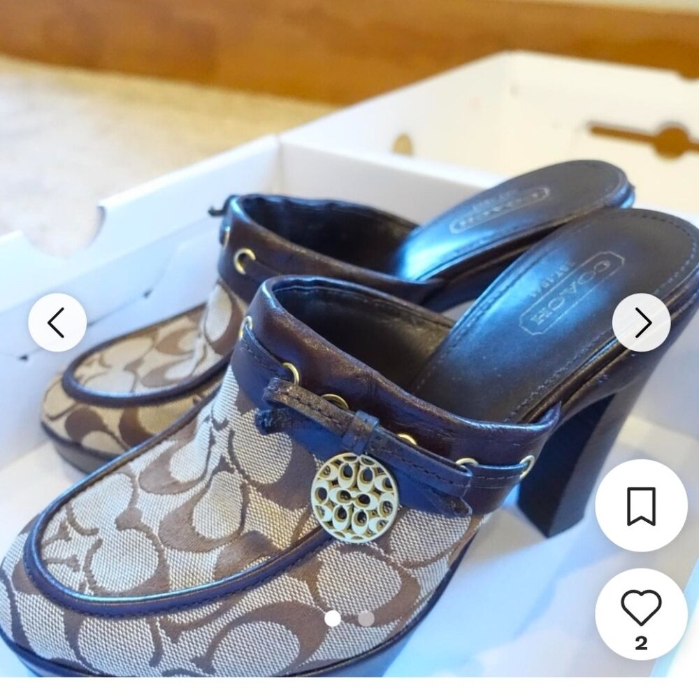 Coach Jodey Sig Mules in brown monogram canvas and leather. Sz 10